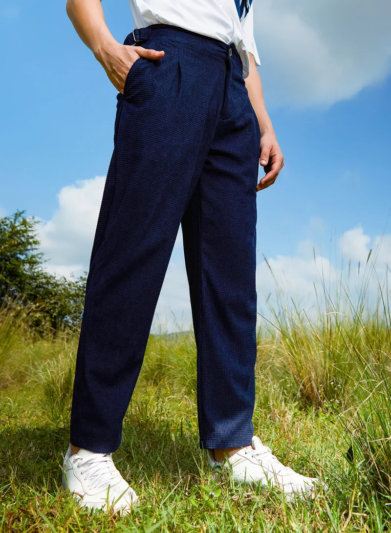 Men's Navy Blue Tailored Waffle Trousers For Casual Wear | Mid-Rise | Regular Fit | Button Closure | Trousers Crafted With Comfort Fit For Everyday Wear
